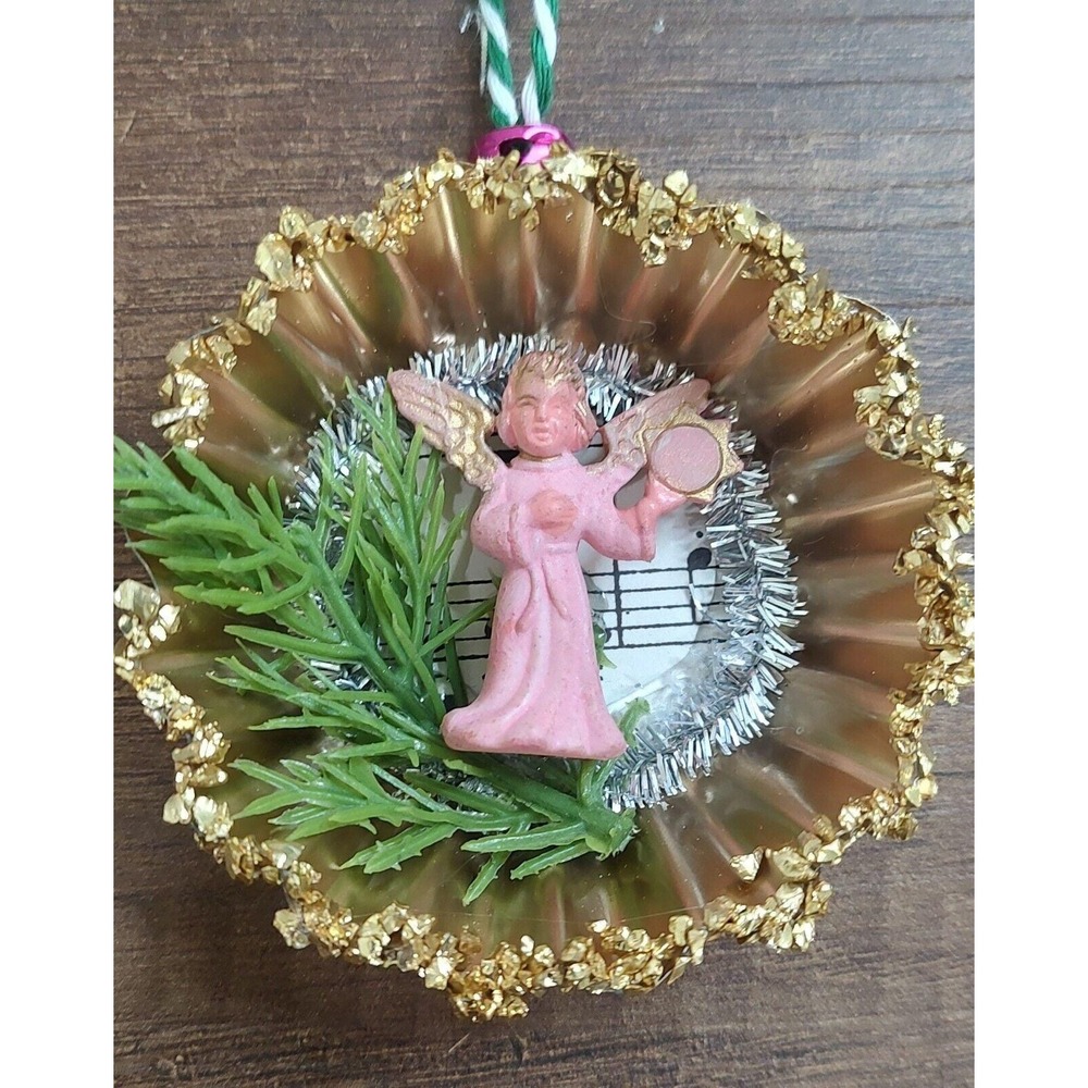 Angel Christmas Ornament Handmade Tart Tin Vintage Diorama Sheet Music Pink O6